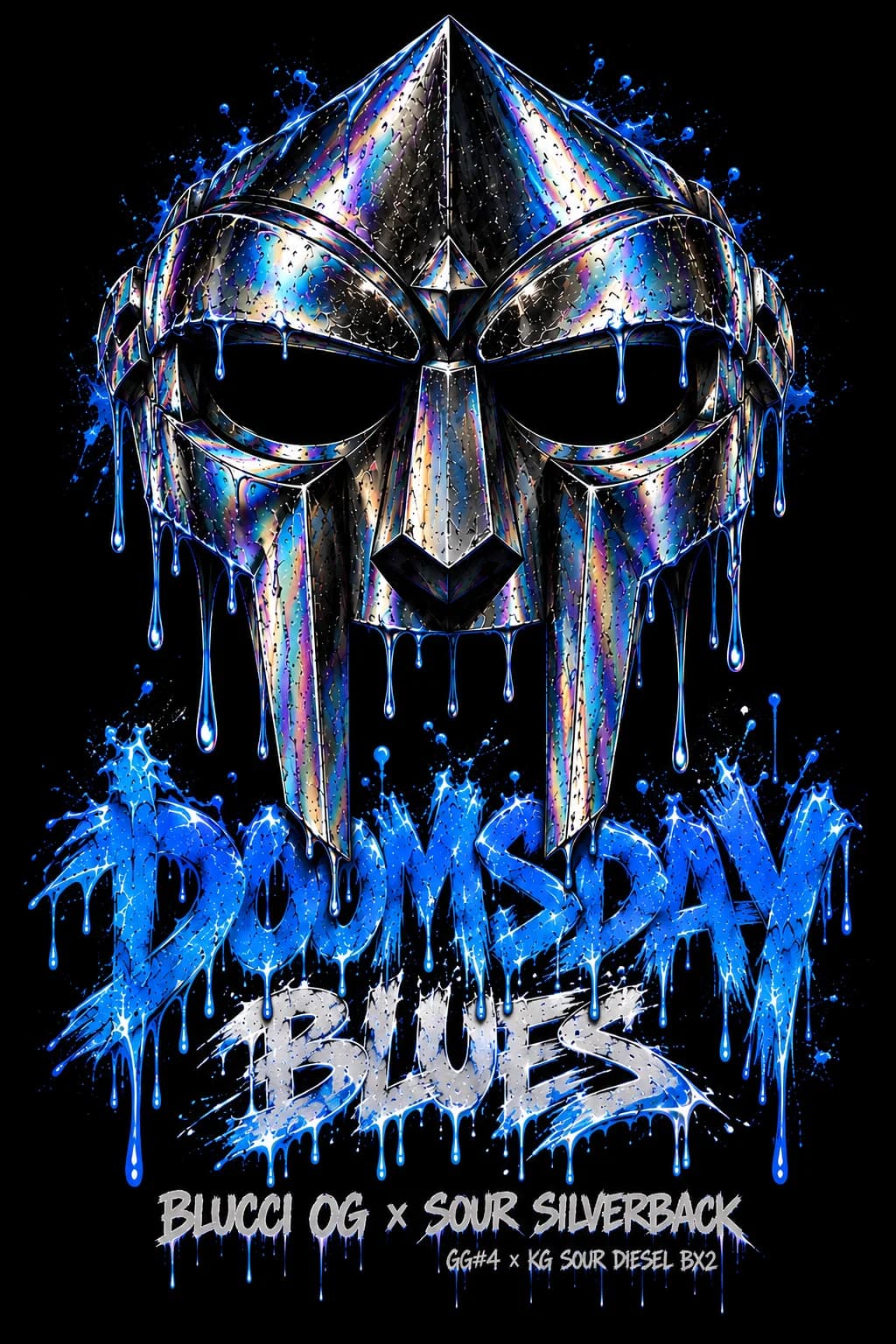 Strain card for Doomsday Blues: an iridescent chrome mask dripping blue on black, blue lettering Doomsday, white lettering Blues, and the cross Blucci OG × Sour Silverback (GG#4 × KG Sour Diesel BX2).