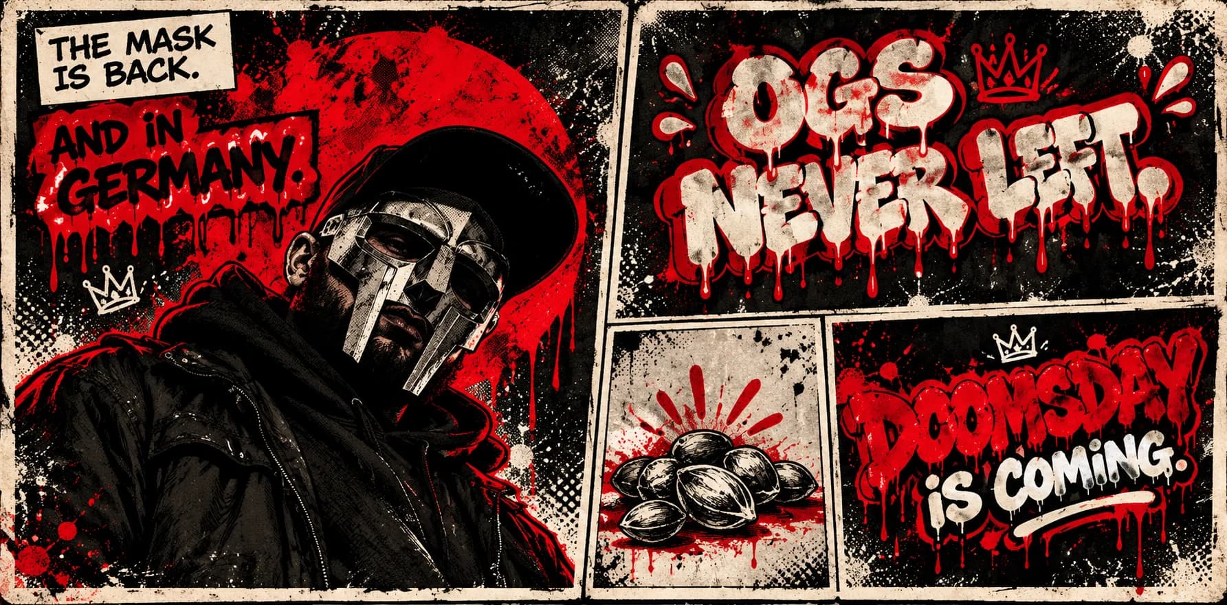 Comic page in red and black. A masked man in a silver metal mask and cap, with the captions The mask is back. And in Germany. Next to it, dripping graffiti reading OGs never left, a pile of seeds in a red splash, and the lettering Doomsday is coming.