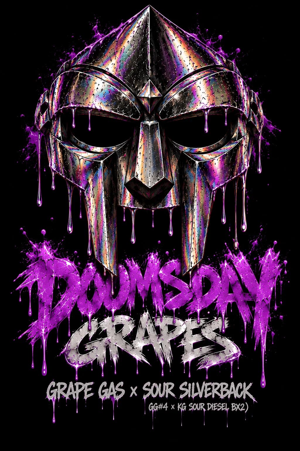 Strain card for Doomsday Grapes: an iridescent chrome mask dripping purple on black, purple lettering Doomsday, white lettering Grapes, and the cross Grape Gas × Sour Silverback (GG#4 × KG Sour Diesel BX2).