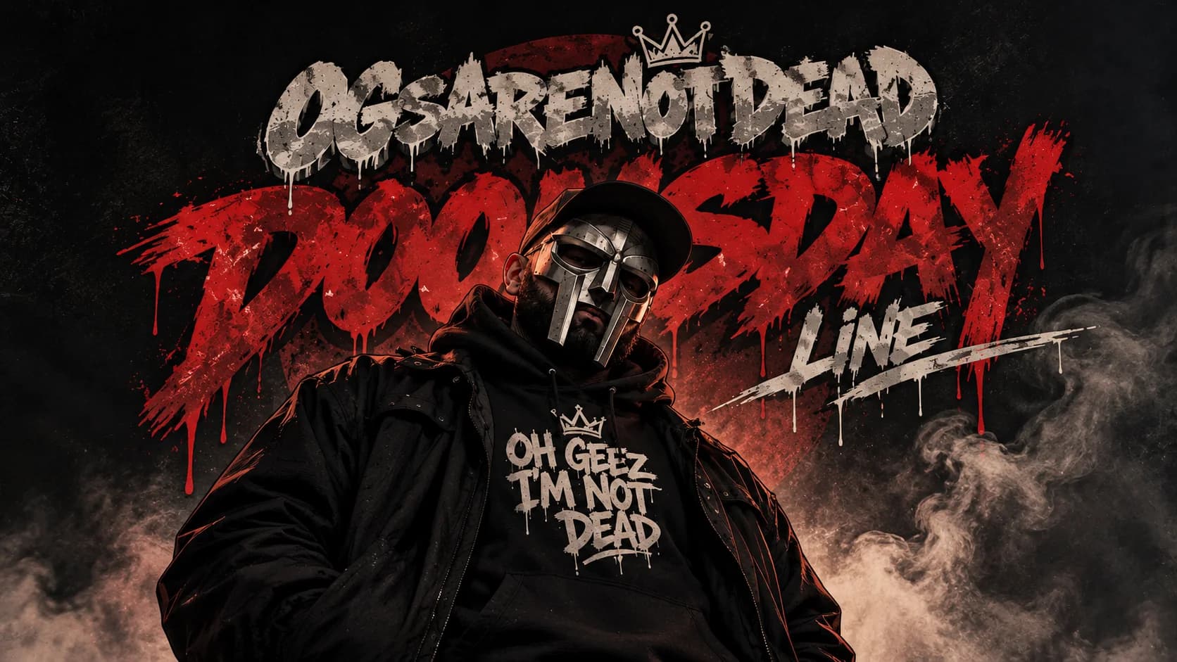 OGs Are Not Dead presents the Doomsday Line: a masked figure in a silver metal mask and a black hooded jacket stands in red smoke under blood-red graffiti lettering. His hoodie reads Oh Geez I'm Not Dead.