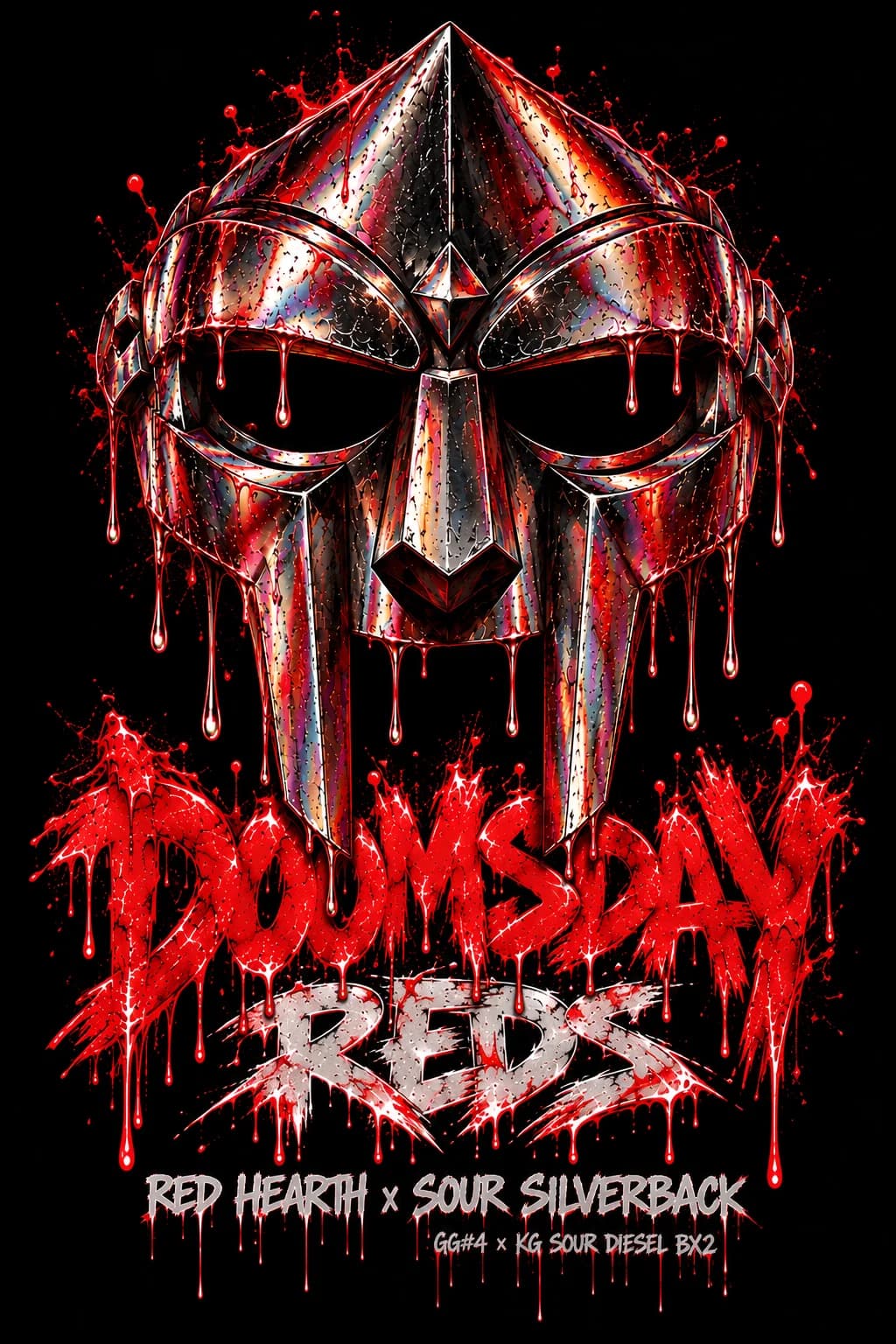 Strain card for Doomsday Reds: an iridescent chrome mask dripping red on black, red lettering Doomsday, white lettering Reds, and the cross Red Hearth × Sour Silverback (GG#4 × KG Sour Diesel BX2).