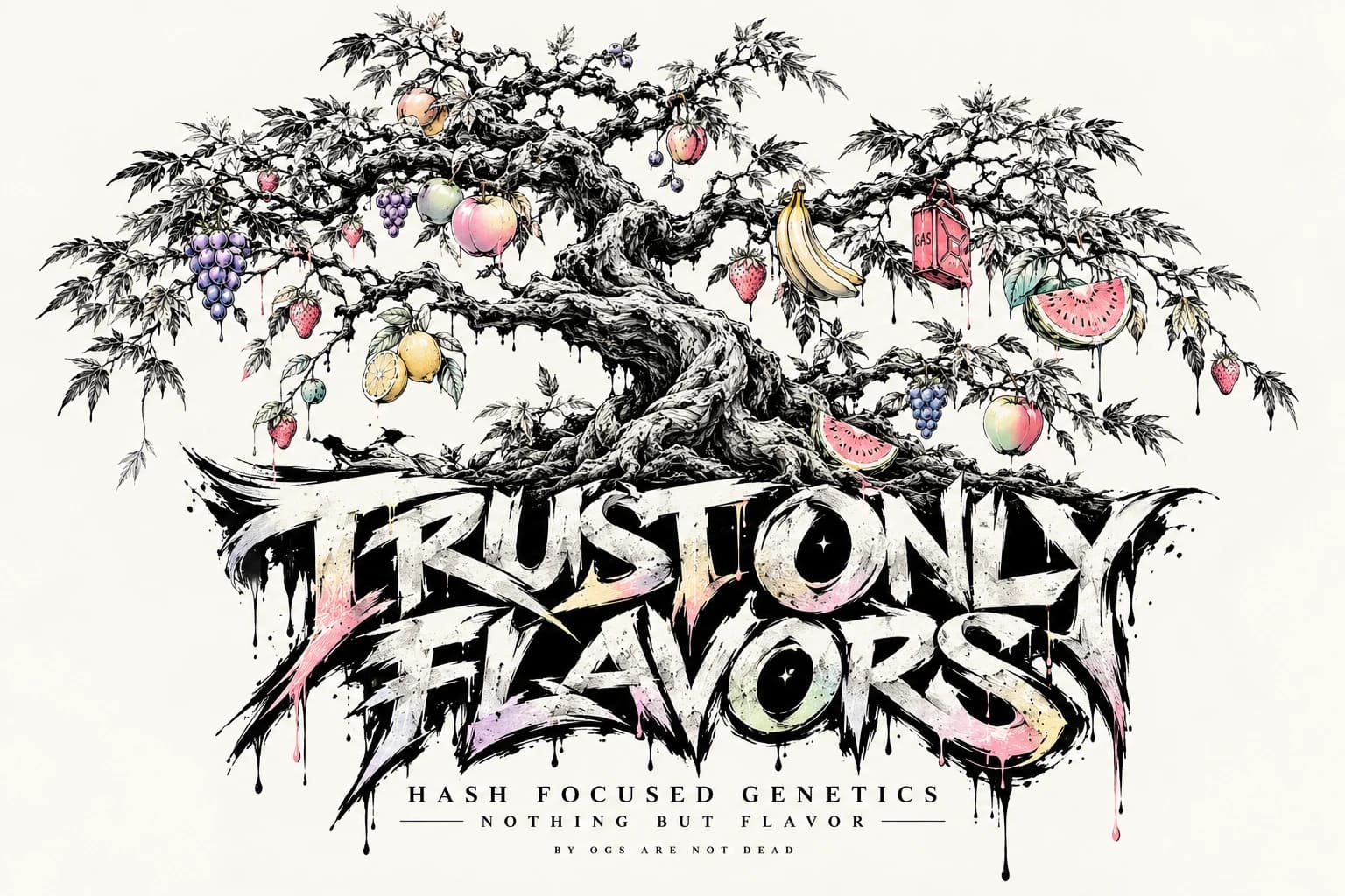 TrustOnlyFlavors: a twisted, ancient fruit tree hung with grapes, peaches, lemons, strawberries, bananas, watermelon and a gas can, rooted in dripping graffiti lettering that reads Trust Only Flavors. Hash Focused Genetics. Nothing But Flavor.